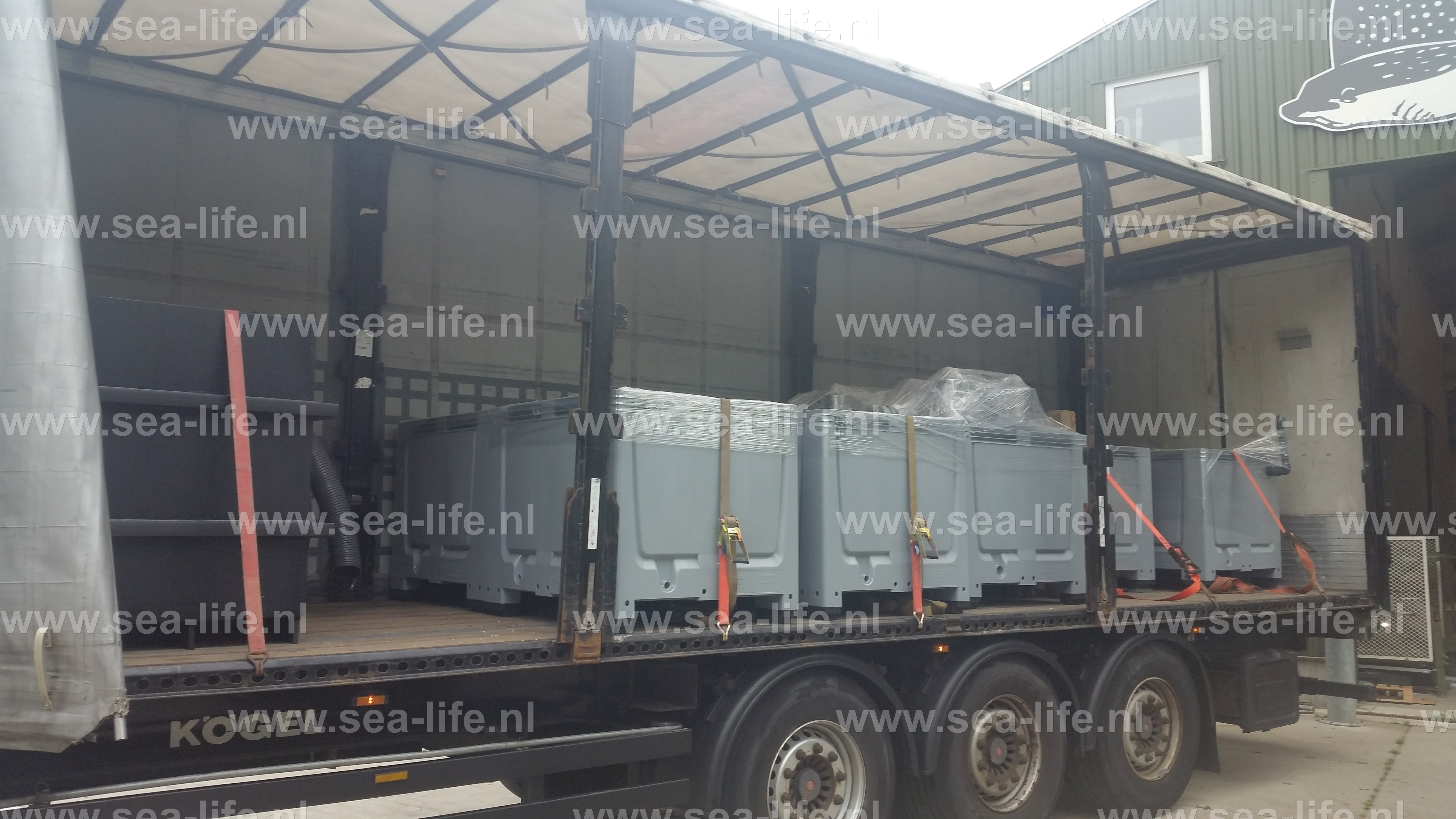 Klaar voor transport: bunker opslag Leefsysteem voor het conditioneren van schaaldieren